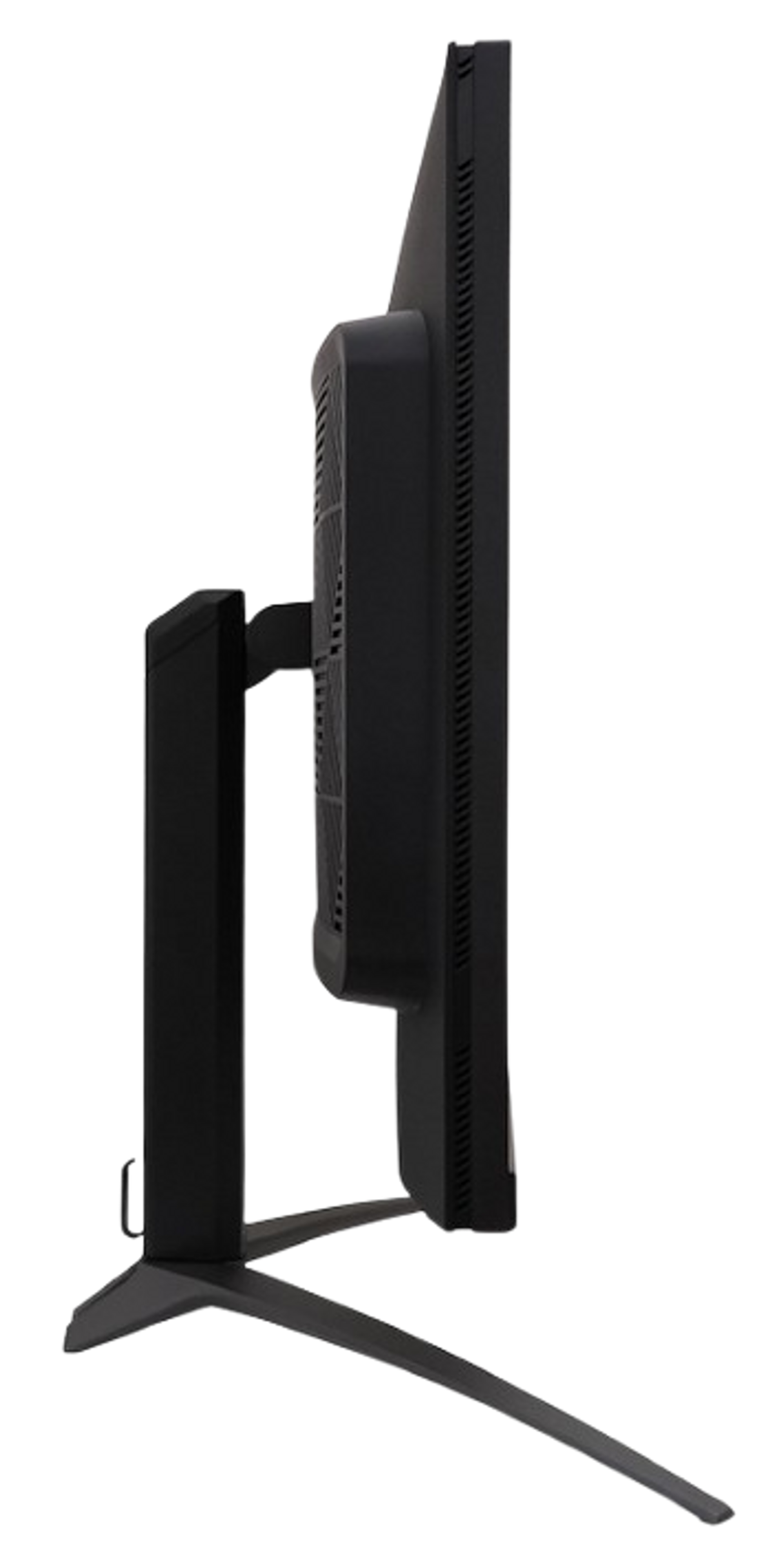 Czarny monitor ze stojakiem. Ekran jest wyłączony. Monitor ma smukły profil.