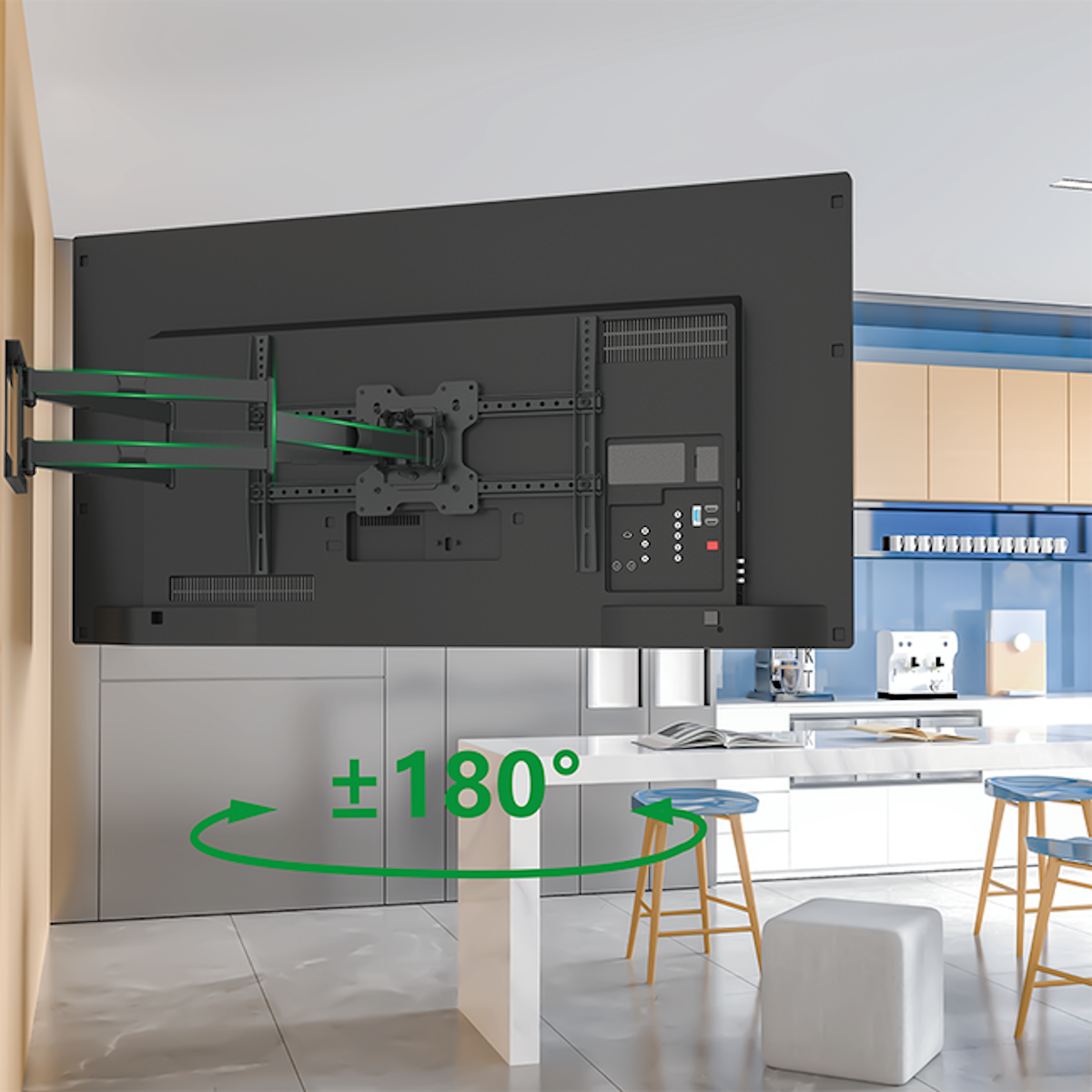 TV mounted on a wall with a green arrow showing 180 degrees rotation. A kitchen is in the background.