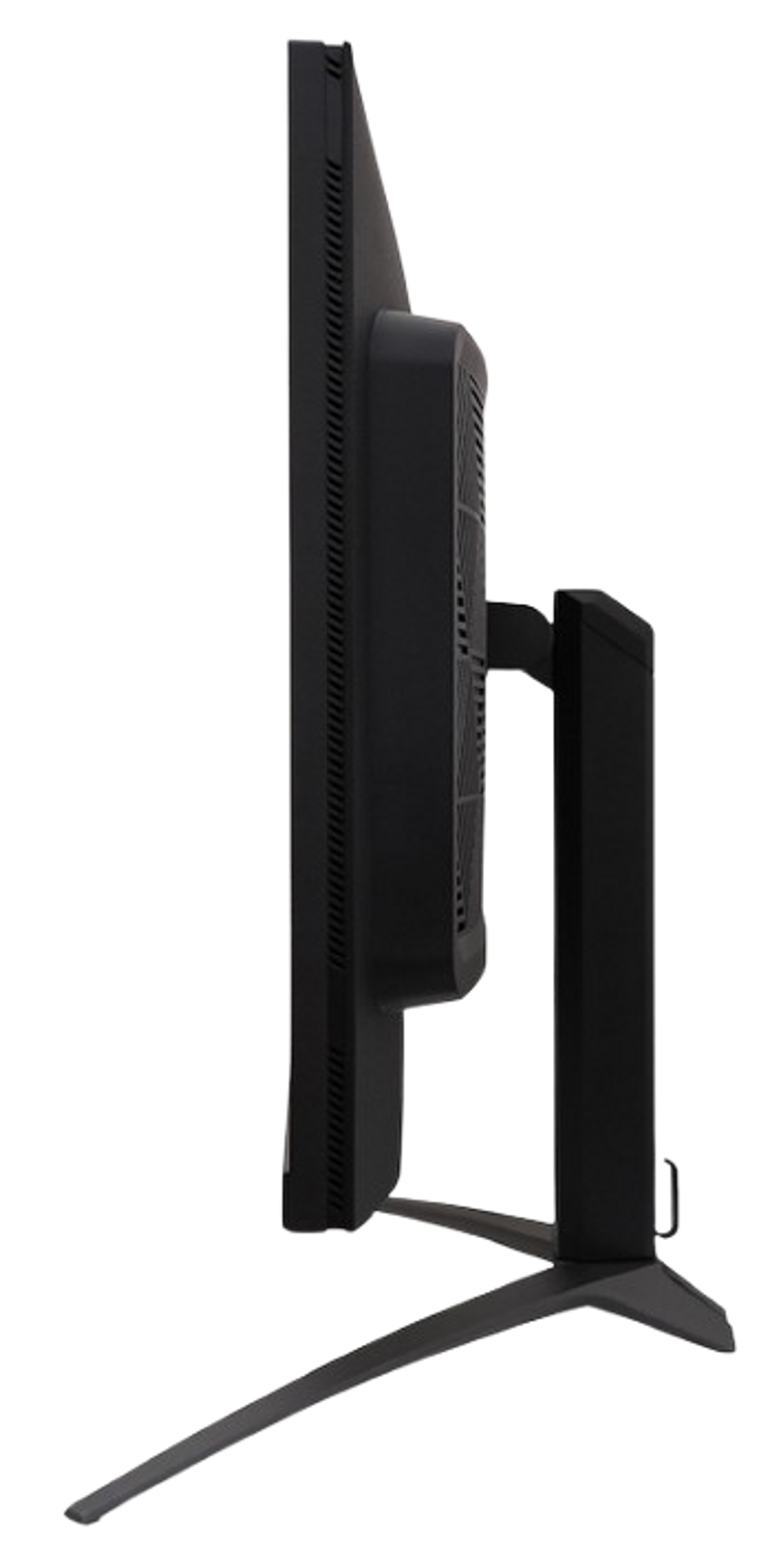 Czarny monitor, widok z boku. Widoczny stojak i tył monitora.