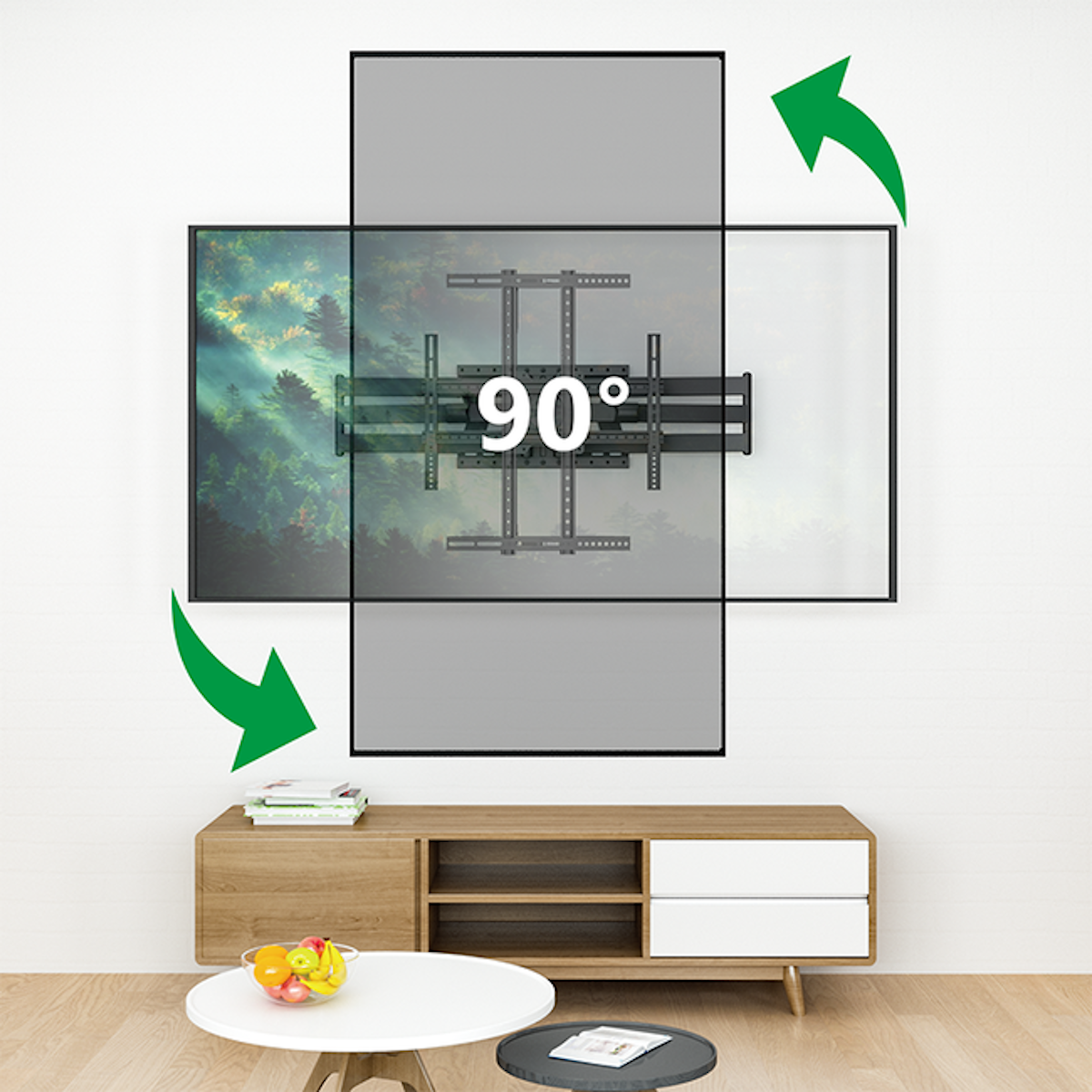 A TV mounted on a wall. Green arrows show the 90-degree rotation capability.