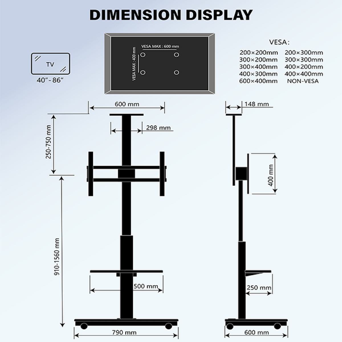 Diagram van een tv-standaard met afmetingen en VESA-montage-informatie. Witte achtergrond.