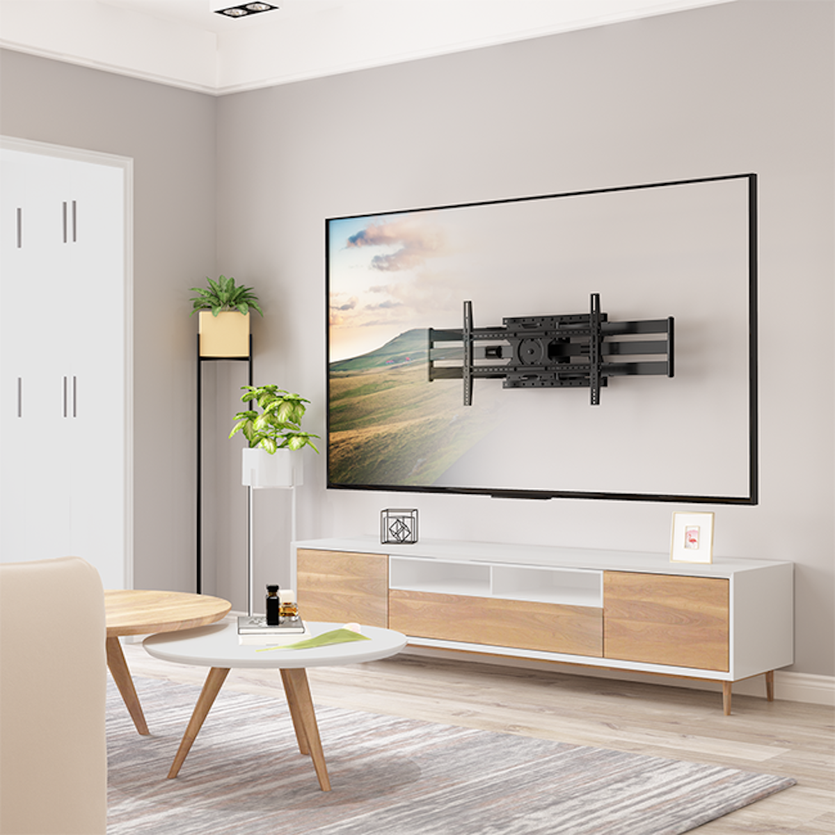 A large TV mounted on a wall with a TV stand below it. There are plants on the stand and tables.
