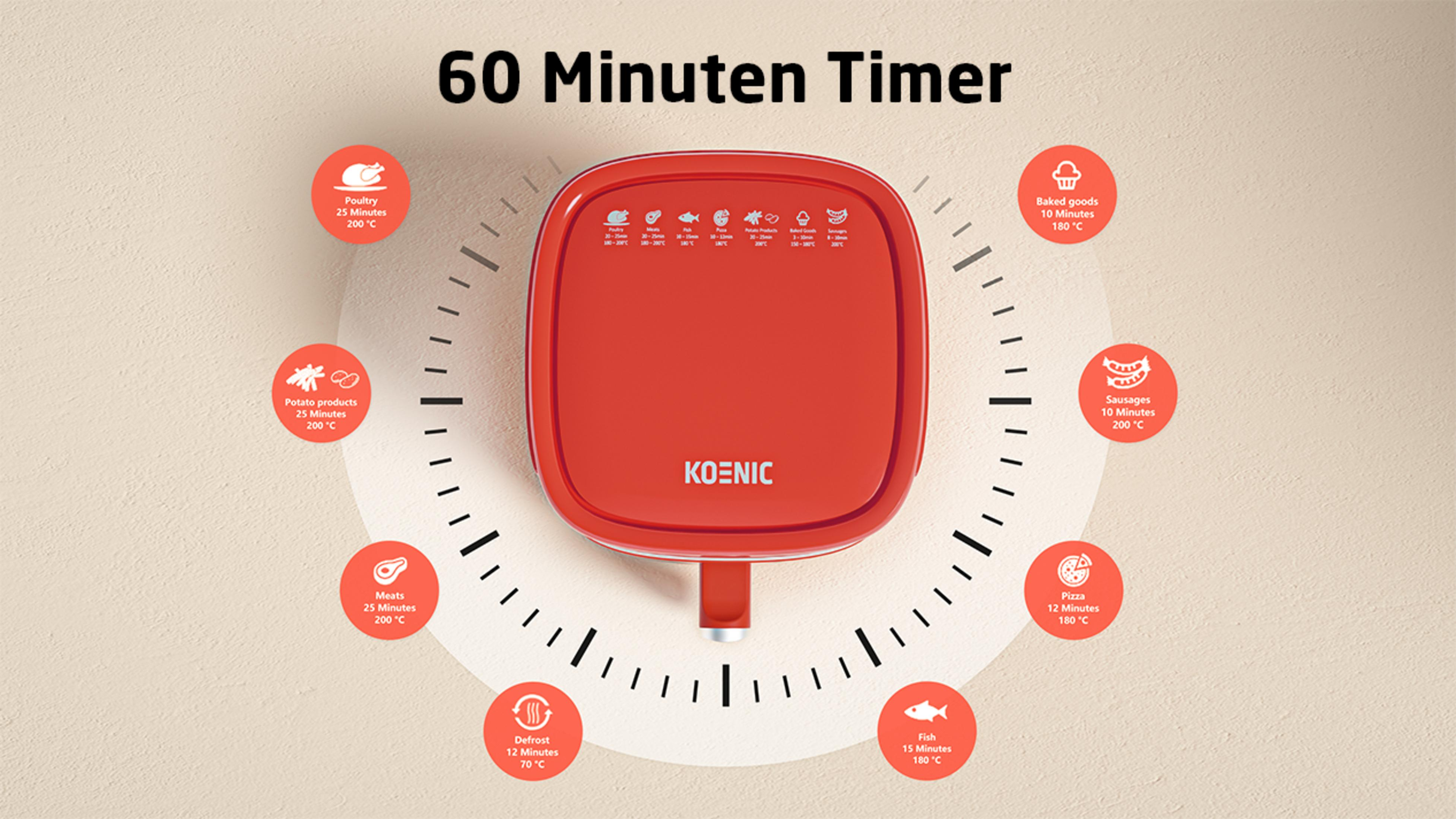 Roter Luftfritteuse mit 60-Minuten-Timer und Symbolen für verschiedene Speiseoptionen.