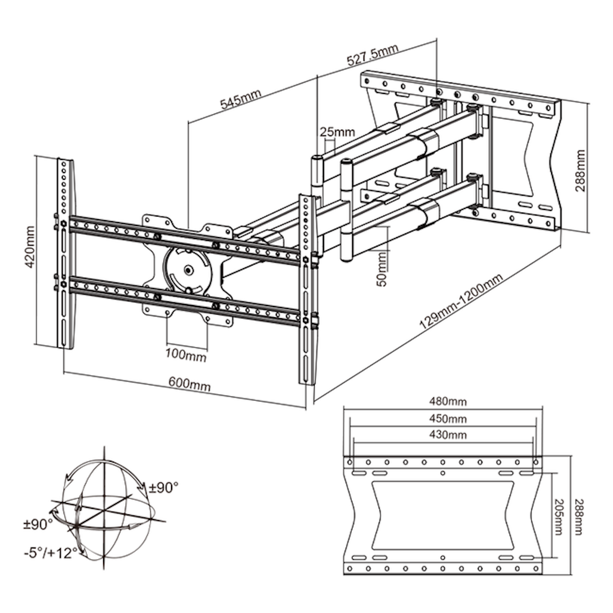 A metal TV mount with measurements and a diagram showing the range of motion.