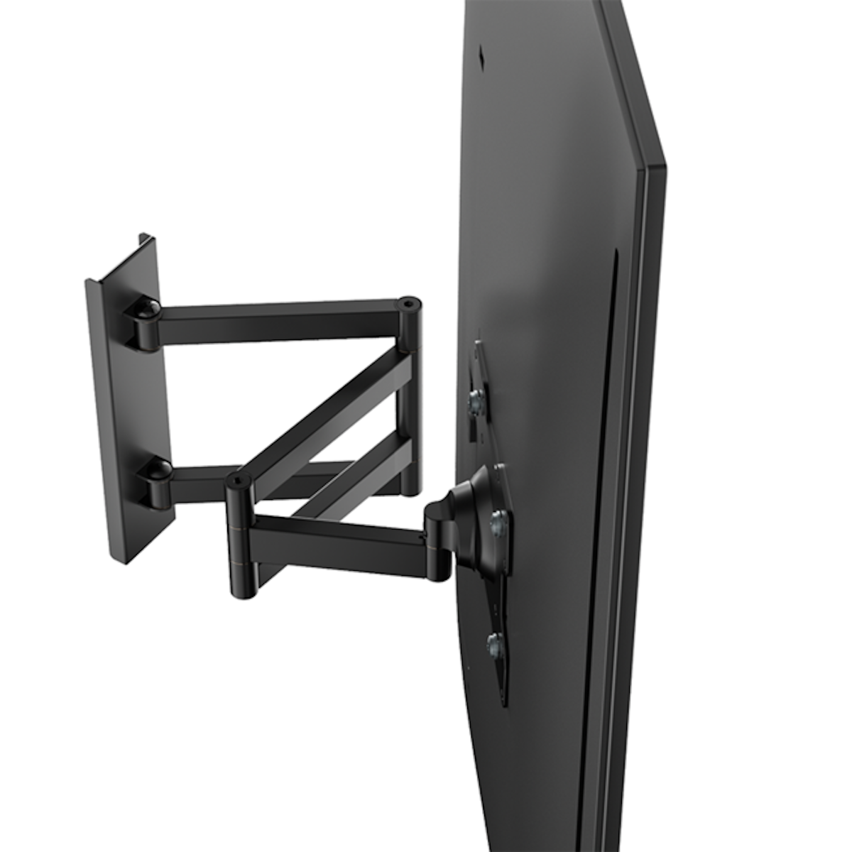 Eine schwarze TV-Halterung mit einem schwarzen TV-Bildschirm, der an einer weißen Wand befestigt ist.