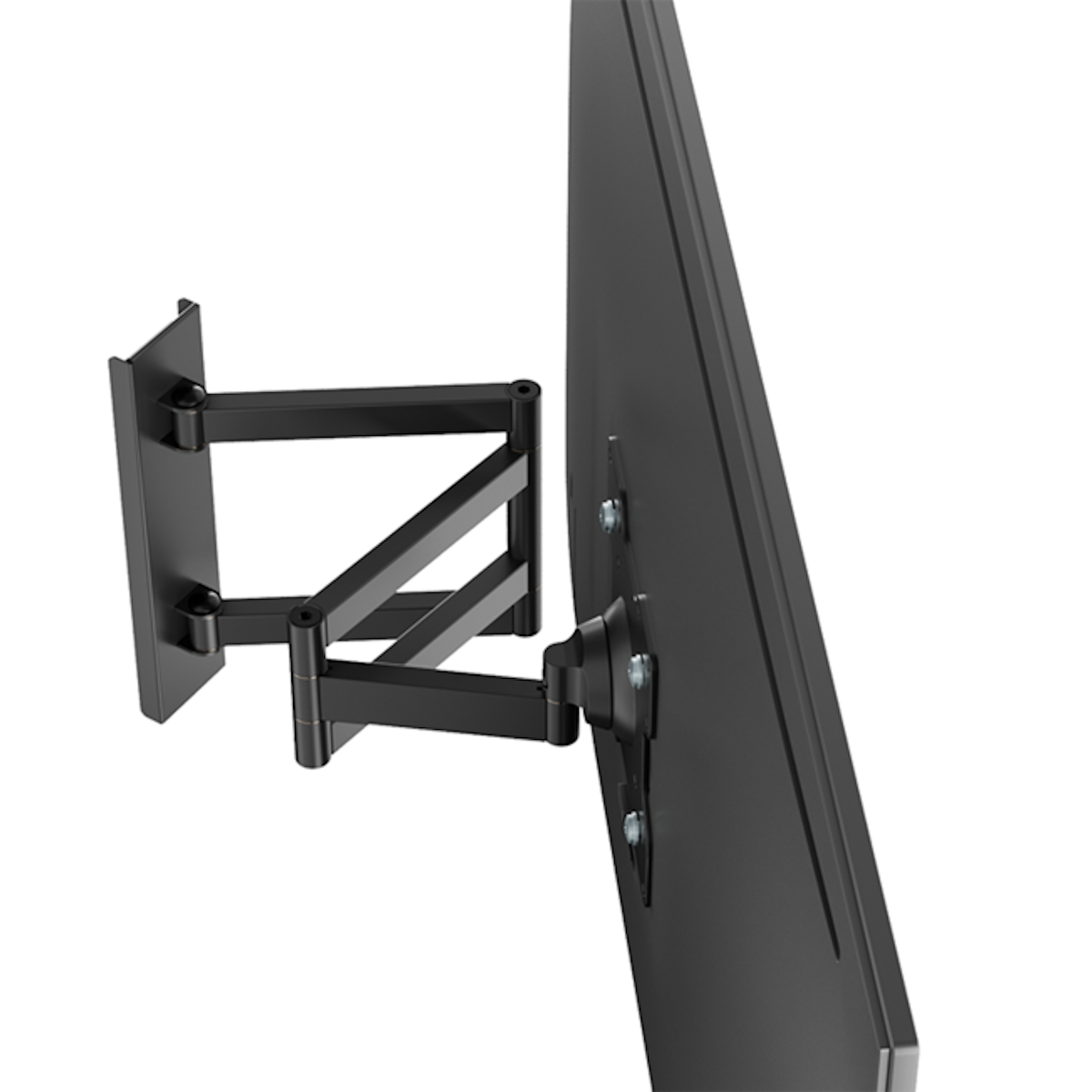 Eine schwarze TV-Halterung. Sie ist an einer weißen Wand montiert. Der Fernseher ist schwarz, am Arm montiert.