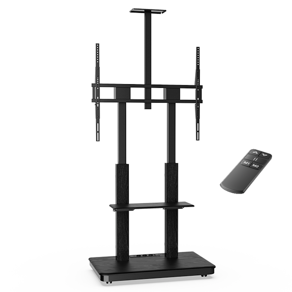Black TV stand with a TV mount, shelf, and a remote control on white background.