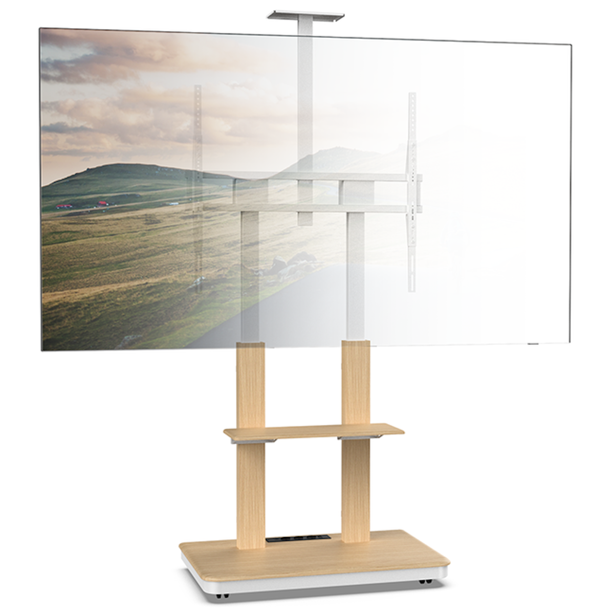 Un téléviseur est monté sur un support en bois. Le support a une étagère. Le fond est blanc.