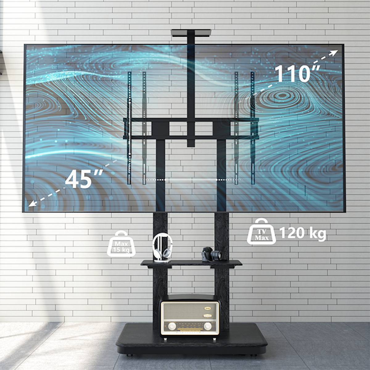 TV stand with a TV screen displaying a blue design, with labels and a radio.