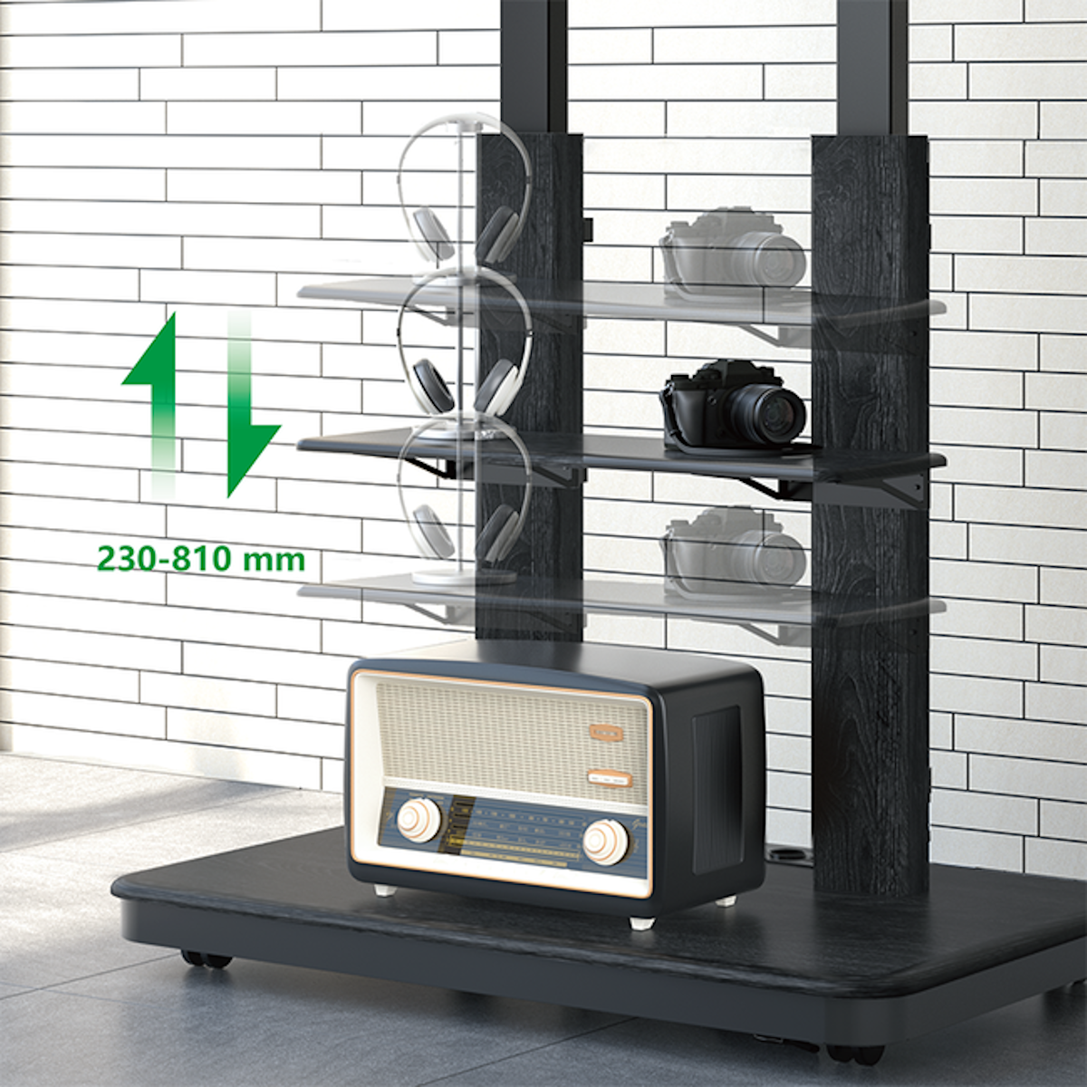 Black and wooden shelving unit with a radio, headphones, and camera. The shelving is adjustable.
