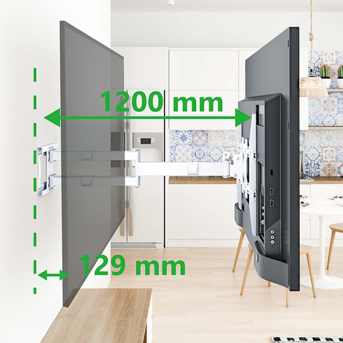 TV mount installed on white wall. TV is mounted on the bracket. Measurements are displayed in green.