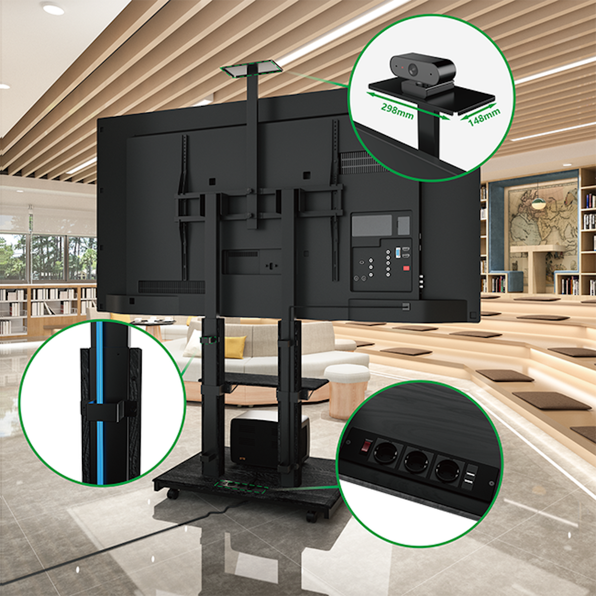A large TV stand with a TV, a shelf with a webcam, and a power outlet panel.