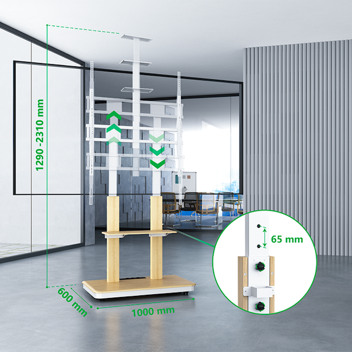 Un support TV avec base en bois et structure métallique, dimensions indiquées sur l'image.