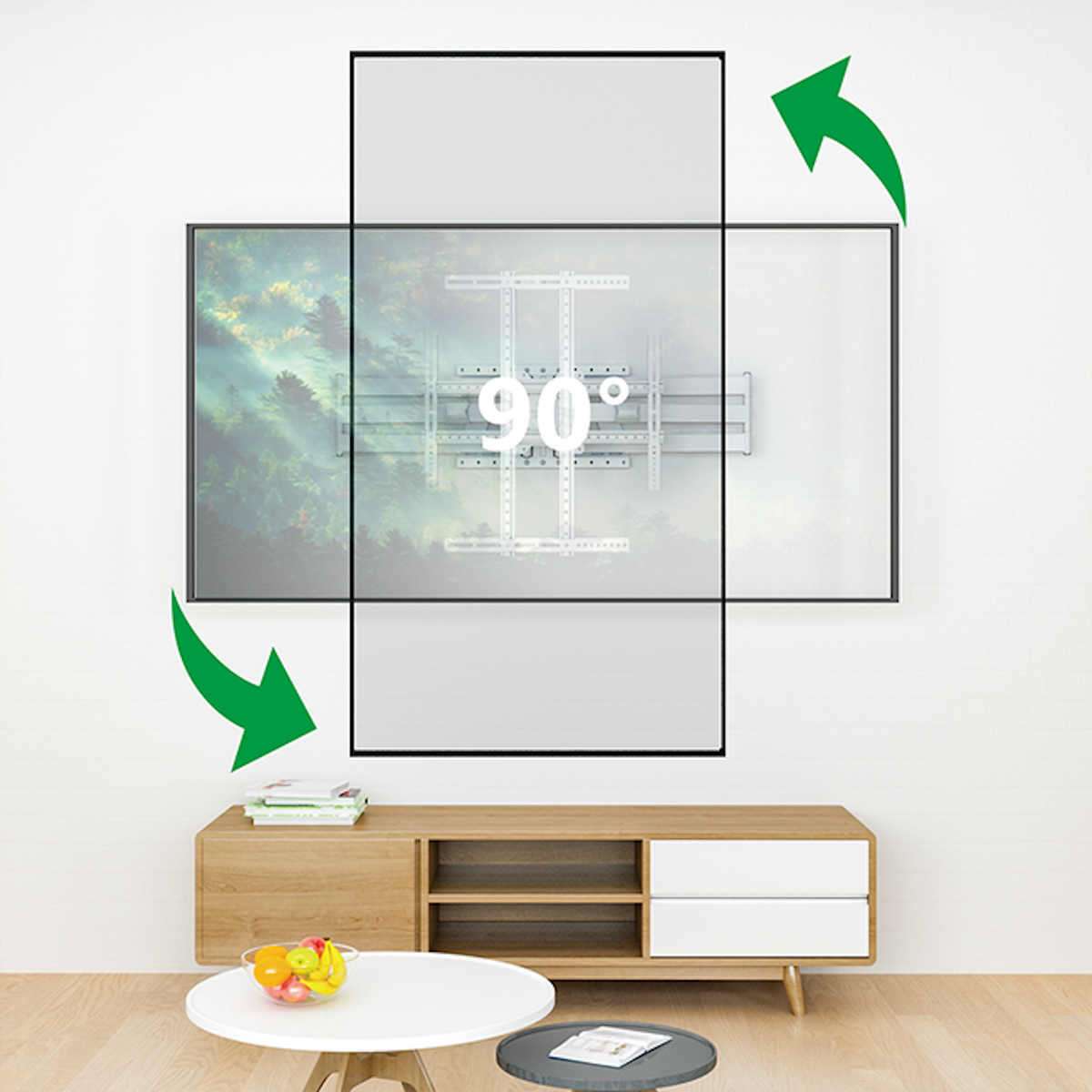A TV screen swiveling on a wall mount, with a wooden cabinet below and a white wall.