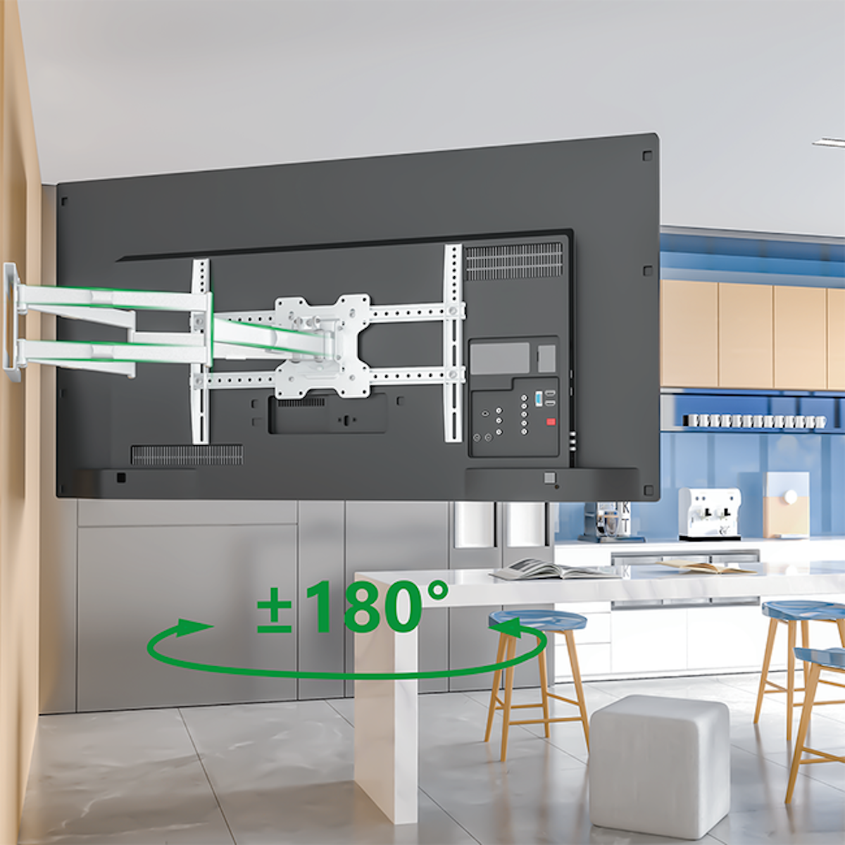 A TV mounted on a wall bracket, with a kitchen visible in the background.