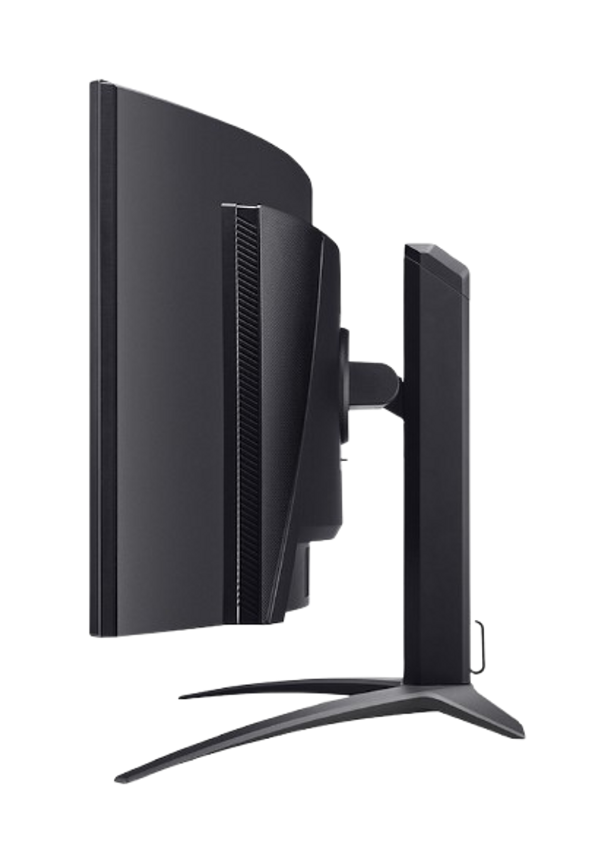 Widok z boku czarnego zakrzywionego monitora ze stojakiem na ciemnym tle.