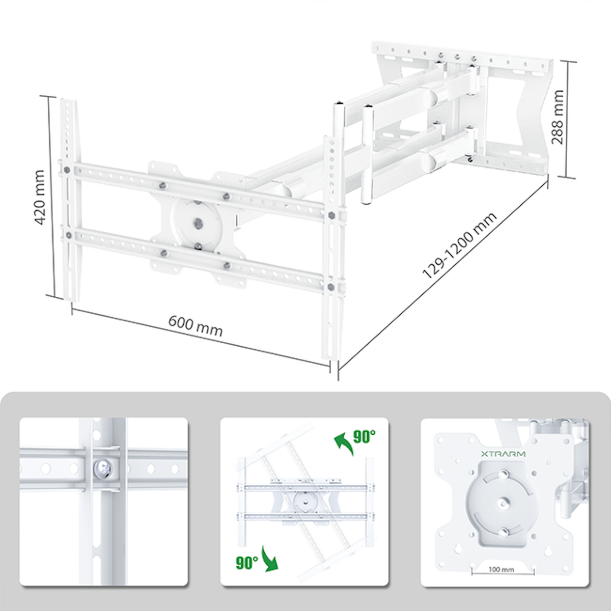 White TV bracket with dimensions and close-up details, showing mounting and adjustment.