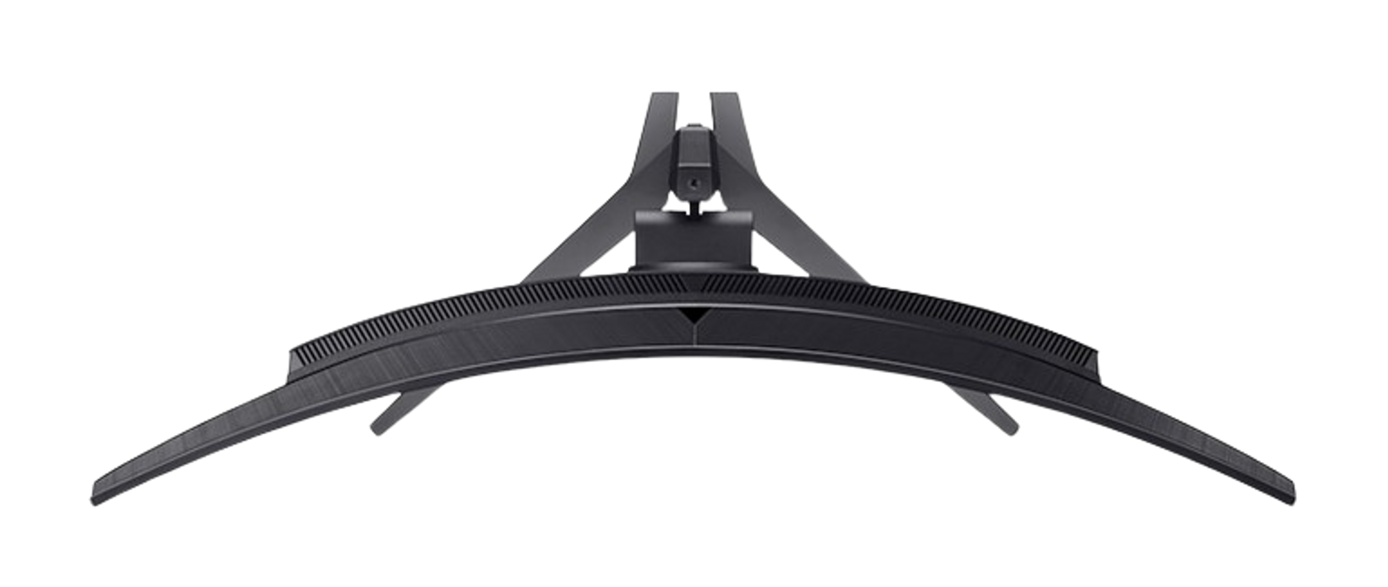 Tył zakrzywionego monitora z czarnym stojakiem, widok z góry, na czarnym tle.