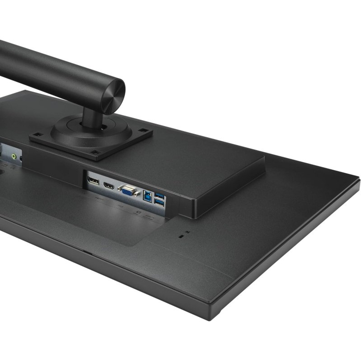 Tył czarnego monitora z kilkoma portami i połączeniami.