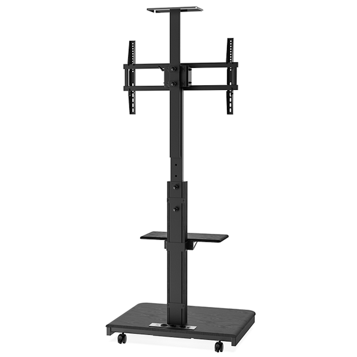 Een zwarte tv-standaard met wielen, heeft een plank en een beugel voor een tv-scherm.