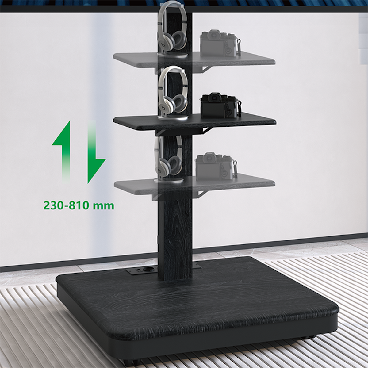 Zwarte standaard met planken, koptelefoons en camera's. Pijl geeft hoogteverstelling aan.