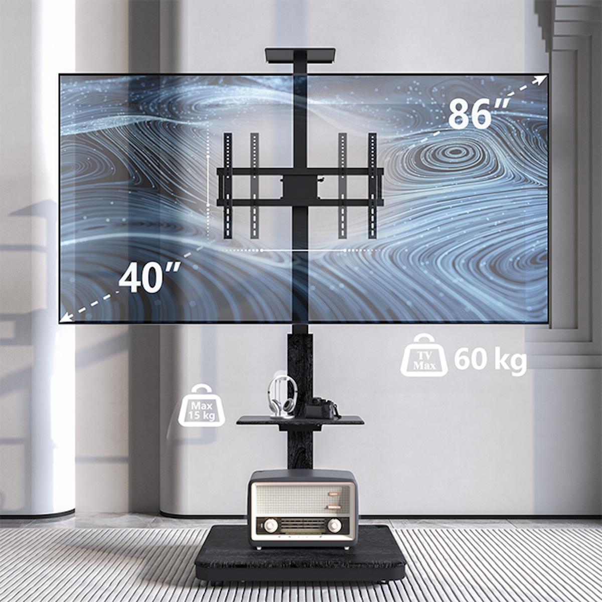 Een tv-standaard met een groot scherm met een digitaal kunstwerk. Een kleine plank bevat een radio en een camera.