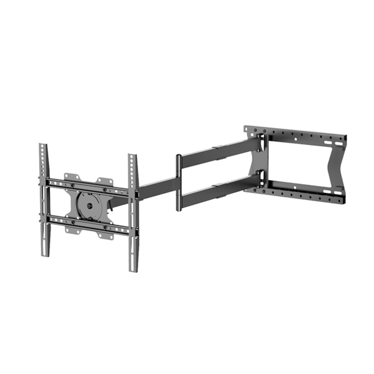 Een zwarte tv-beugel. De beugel is ontworpen voor wandmontage. De beugel heeft een draai.
