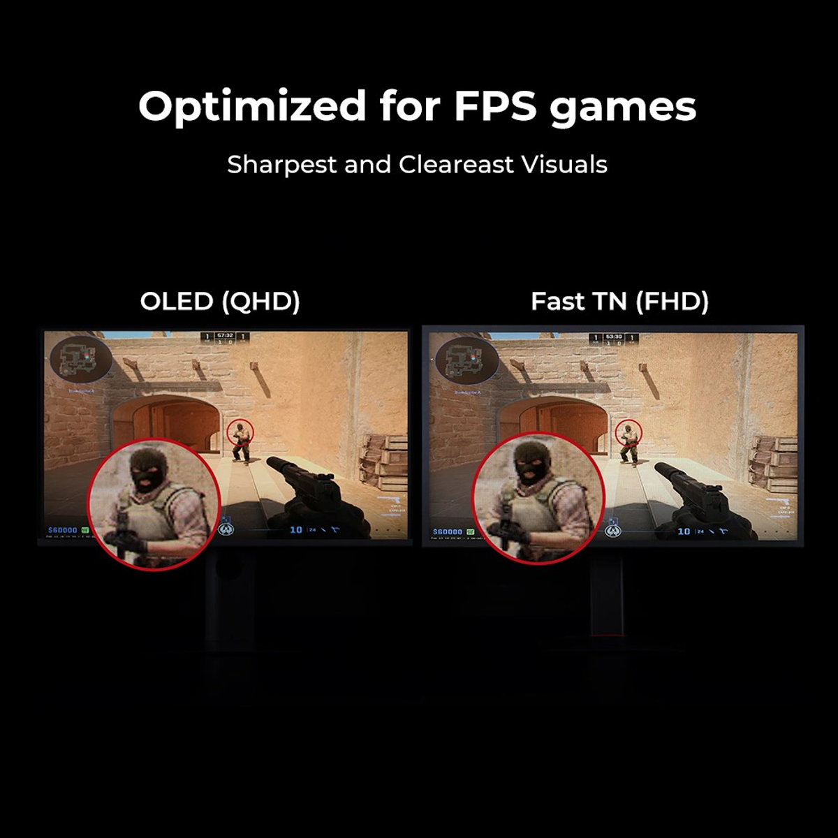 Dwa ekrany obok siebie, pokazujące grę i tekst. Jeden to OLED (QHD), drugi Fast TN (FHD).