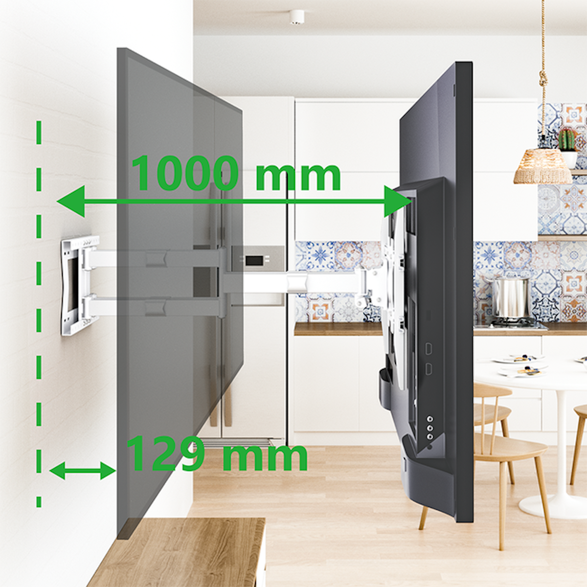 Een tv aan de muur gemonteerd met groene pijlen die de afmetingen tonen. Een keuken is de achtergrond.