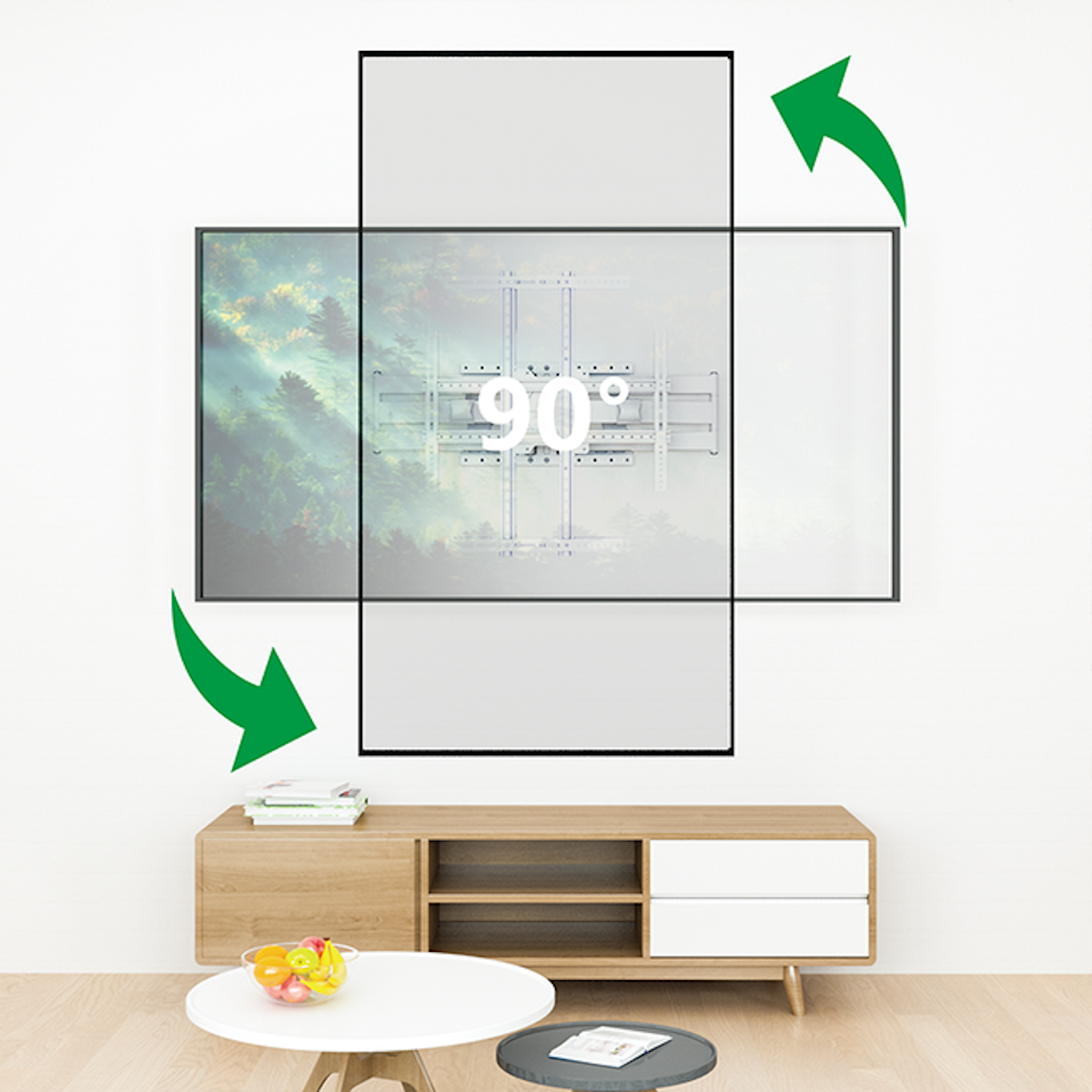 Tv aan de muur, met draaibare beugel en houten kast eronder.
