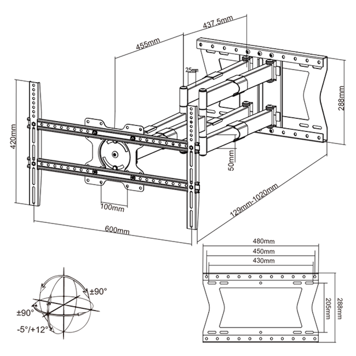 A white TV wall mount with dimensions and adjustment diagrams.