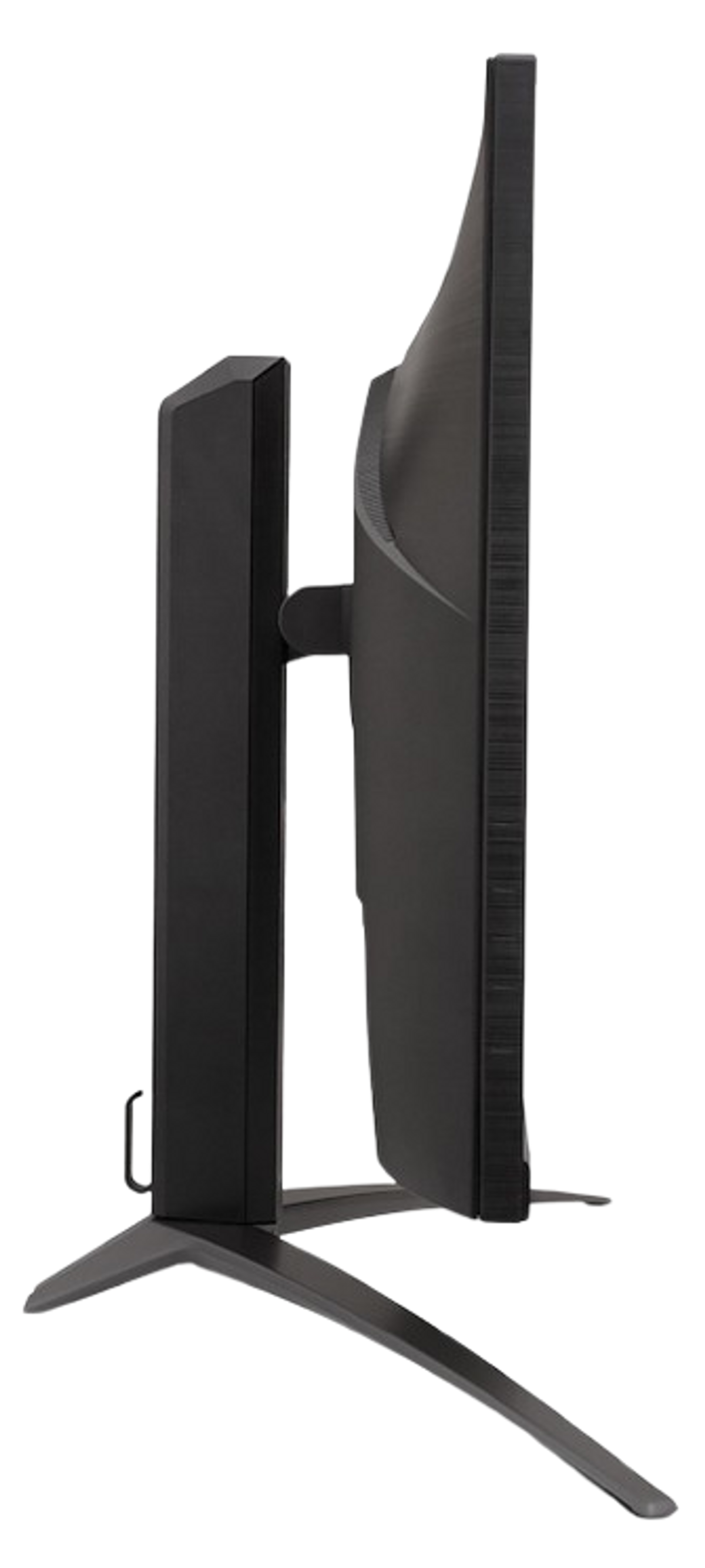 Czarny widok z boku monitora komputera ze stojakiem, na czarnym tle.