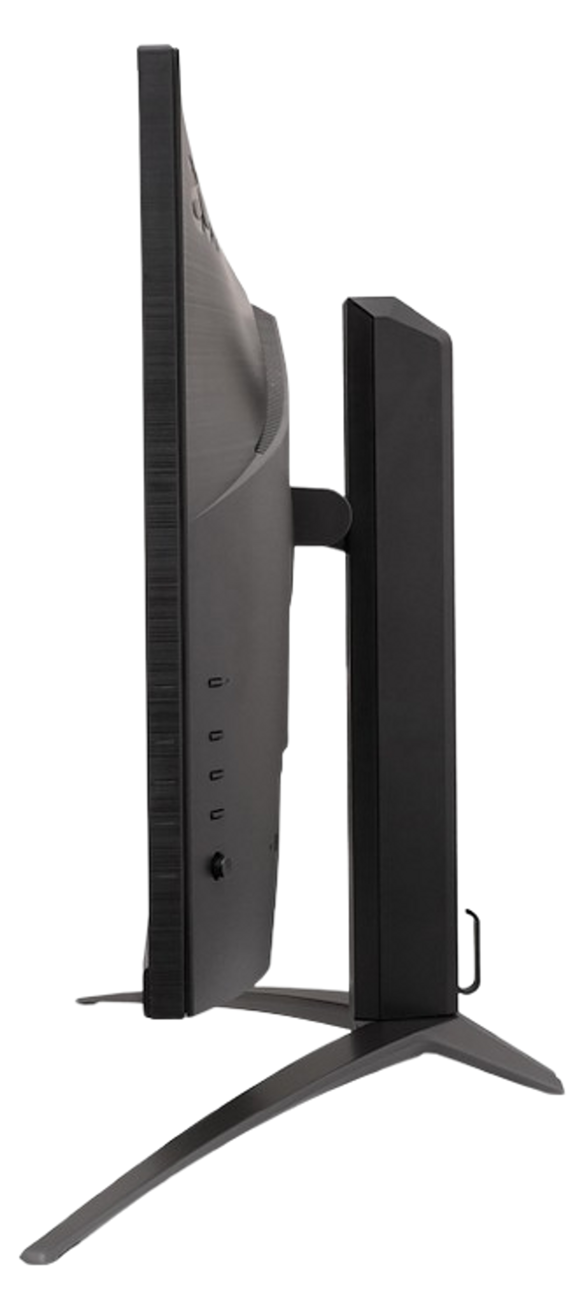 Widok z boku czarnego monitora komputera na stojaku. Jest smukły i ma nowoczesny design.