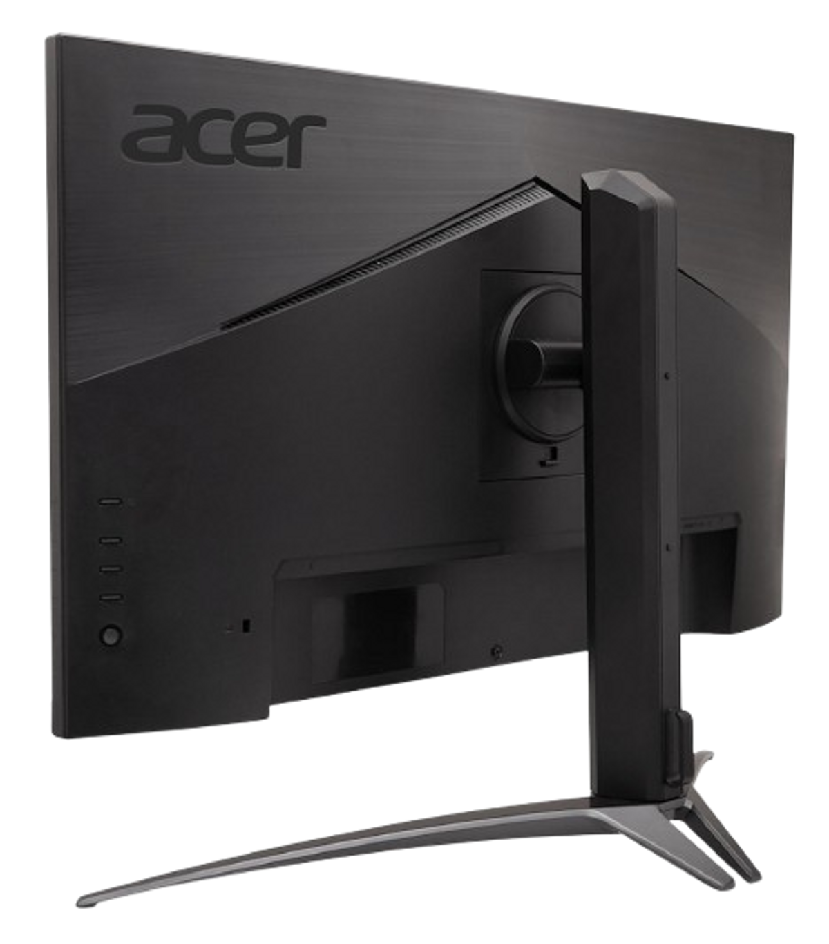 Tył czarnego monitora Acer ze stojakiem, pokazujący porty i szczegóły konstrukcyjne.