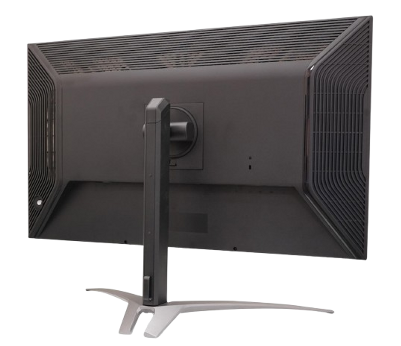 Tył ciemnego monitora ze stojakiem. Widoczna wentylacja i porty.