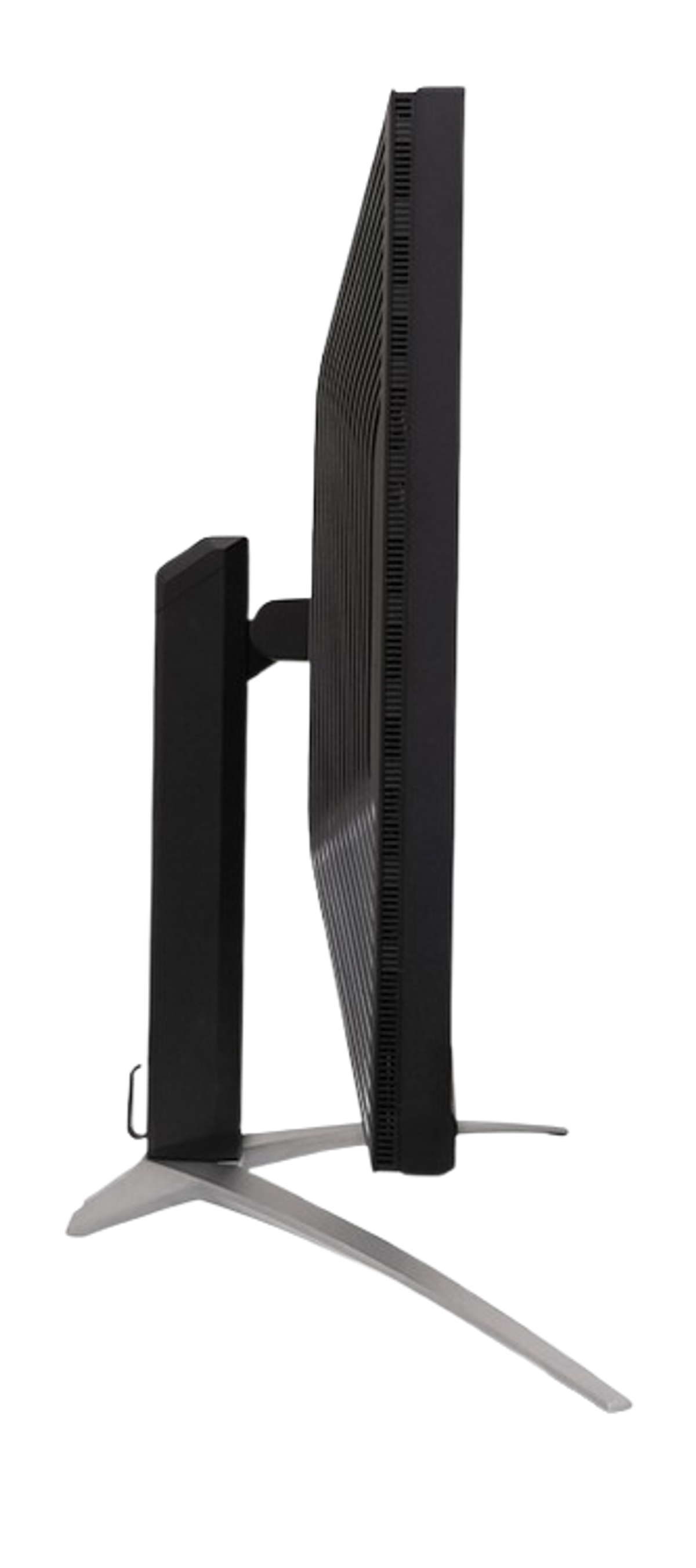 Widok z boku czarnego monitora komputera na stojaku.