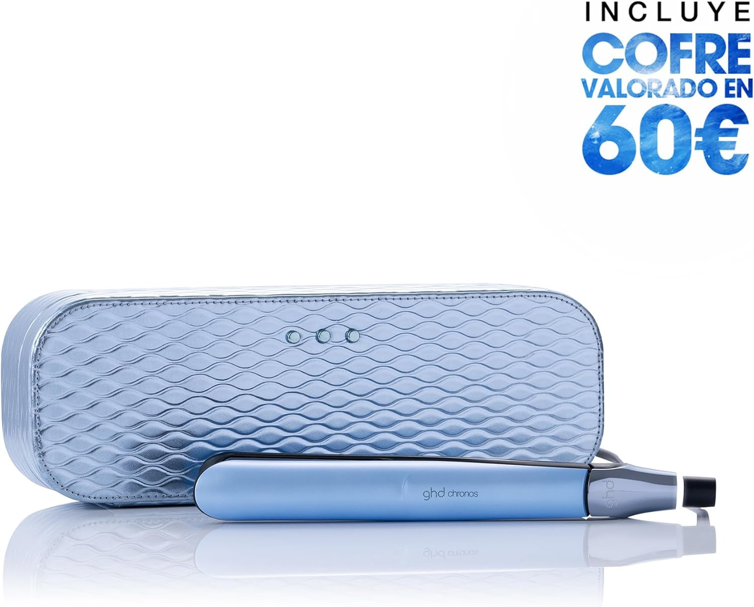 Piastra per capelli ghd chronos blu e custodia, con sovrapposizione di testo. Strumento per lo styling e custodia.