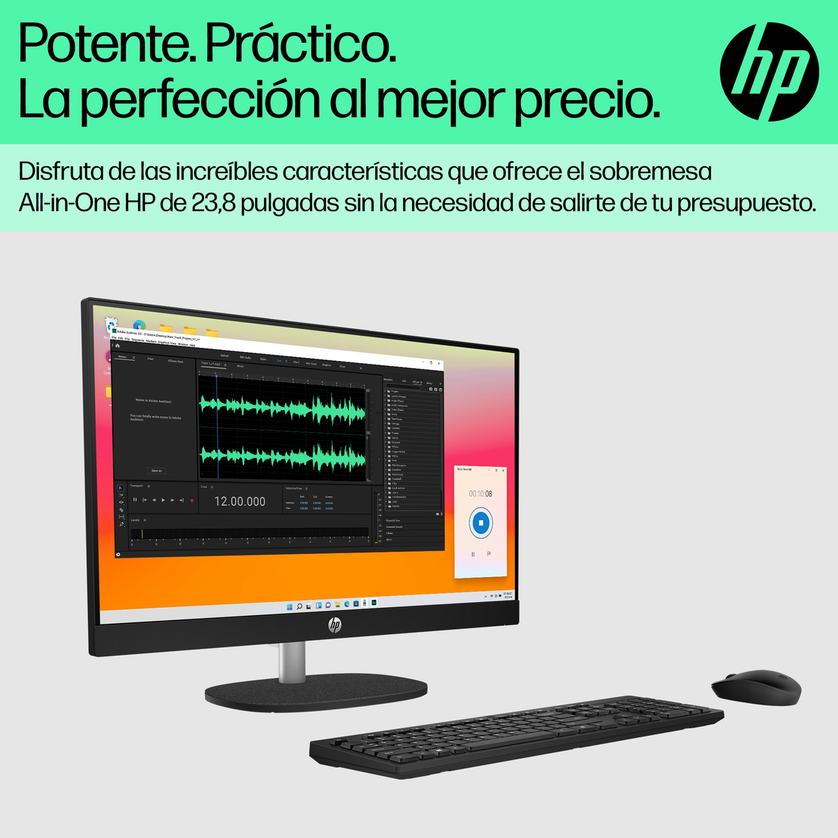 Configuración de ordenador negro: monitor, teclado y ratón. La pantalla muestra una interfaz de software.