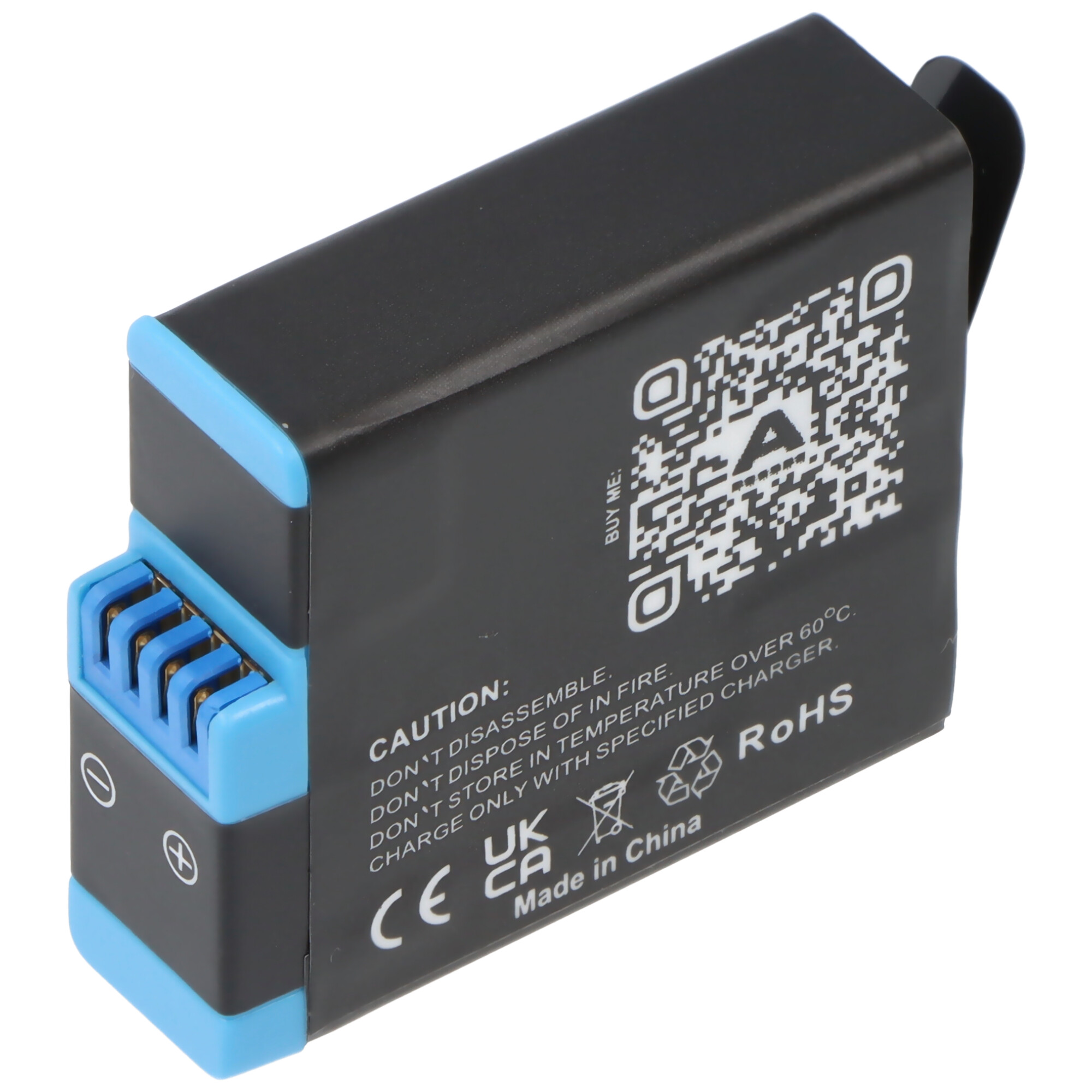 Black rectangular battery with blue terminals, QR code, and warning labels on white background.