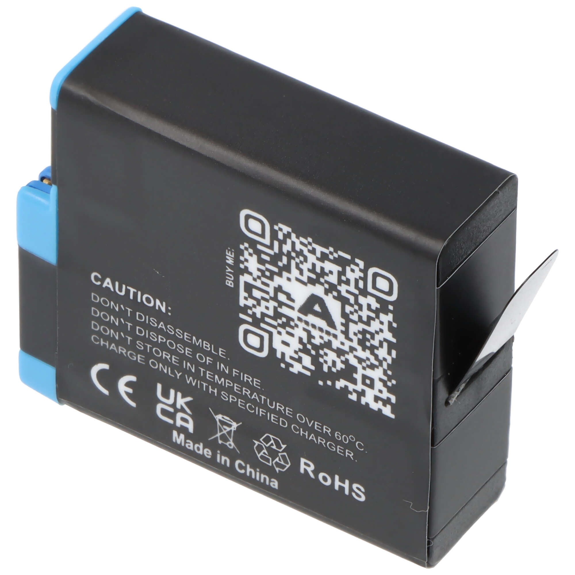 Black camera battery with a QR code and warning labels. The battery is black and blue.