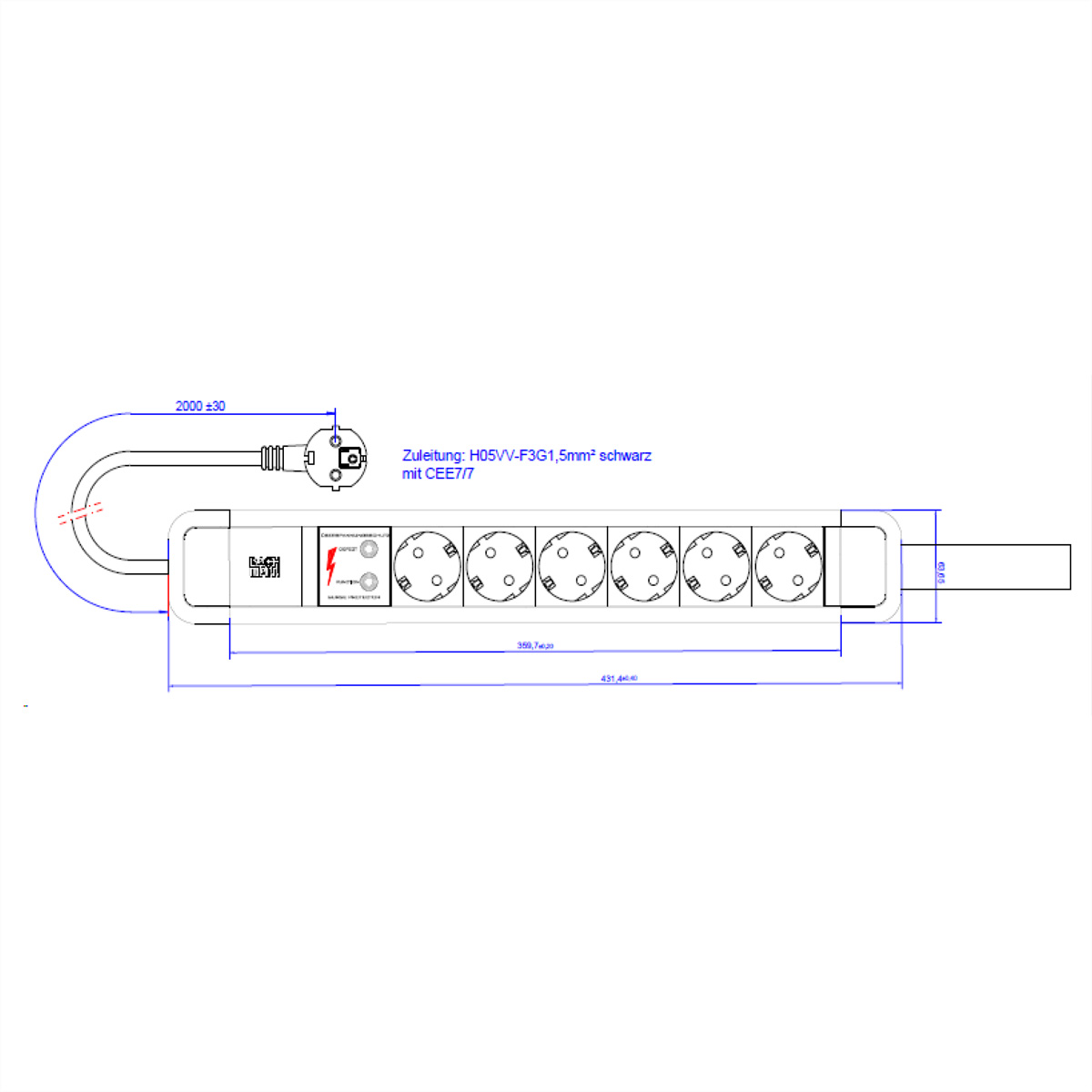 Technische Zeichnung einer Steckdosenleiste. Zeigt Abmessungen, Stecker und Steckdosen.