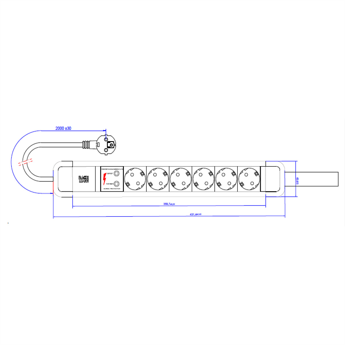 Ein Schema eines Verlängerungskabels mit Abmessungen und einem Stecker. Der Stecker hat mehrere Buchsen.