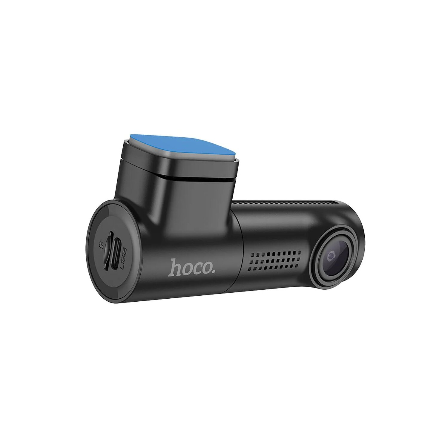 Schwarze Dashcam mit blauem Oberteil, nach rechts, mit Hoco.-Label und USB-Anschluss.