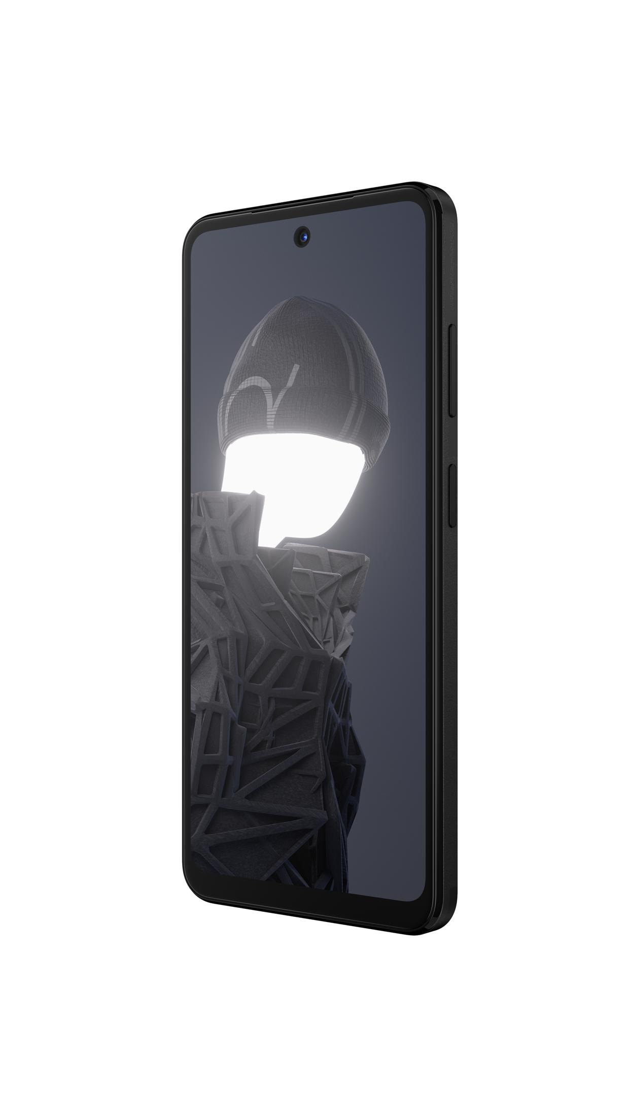 Schwarzes Smartphone, das ein digitales Kunstwerk einer Person mit leuchtendem Gesicht zeigt.