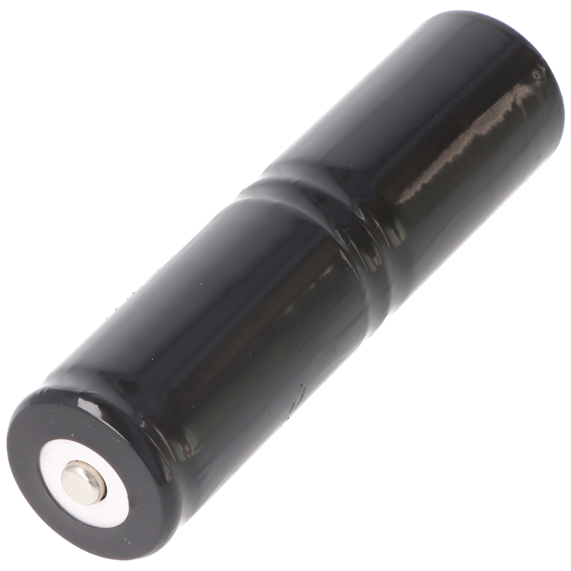 Una batteria cilindrica nera con un tappo metallico all'estremità.