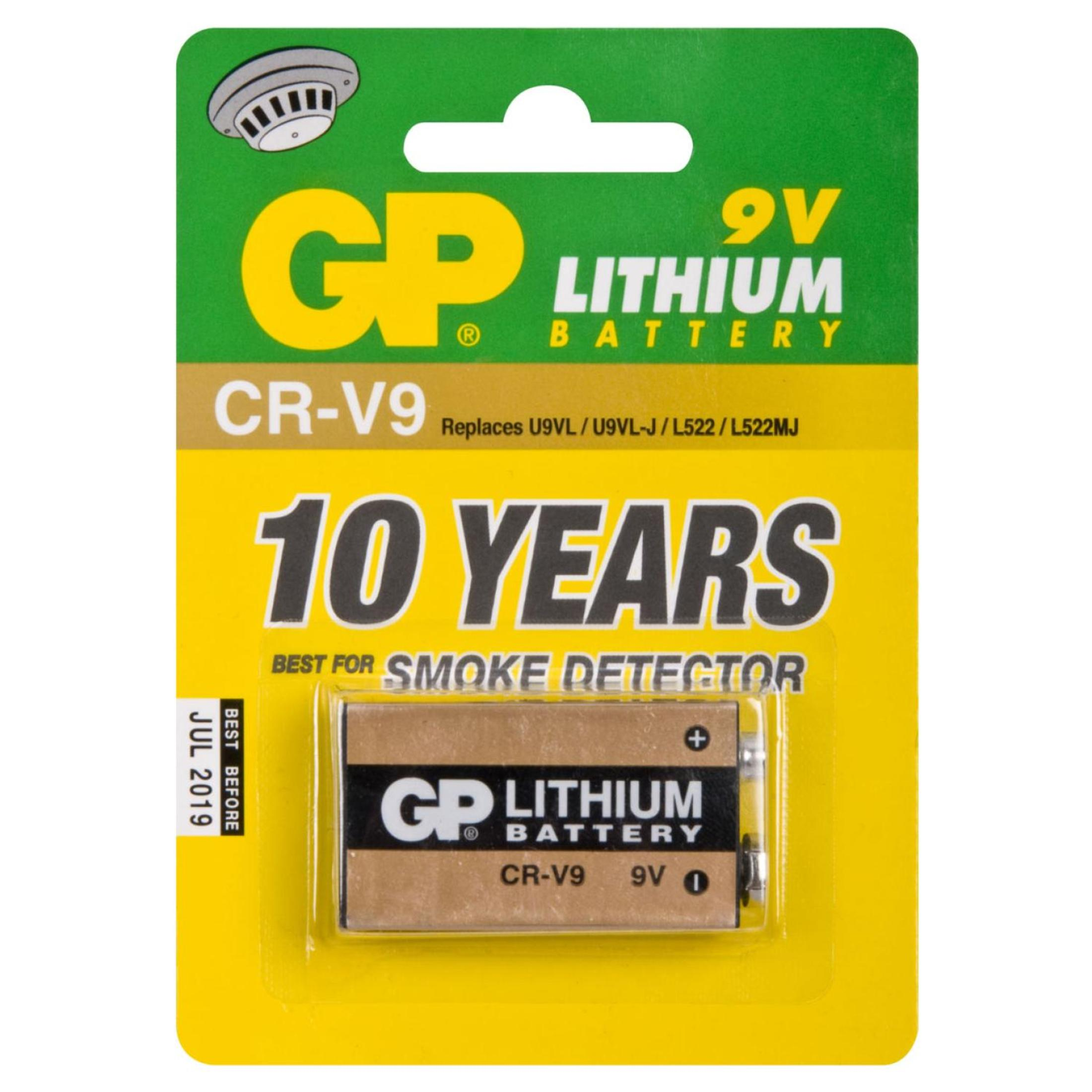 Opakowanie baterii litowej 9V, żółto-zielone, z tekstem wskazującym 10 lat użytkowania do czujników dymu.