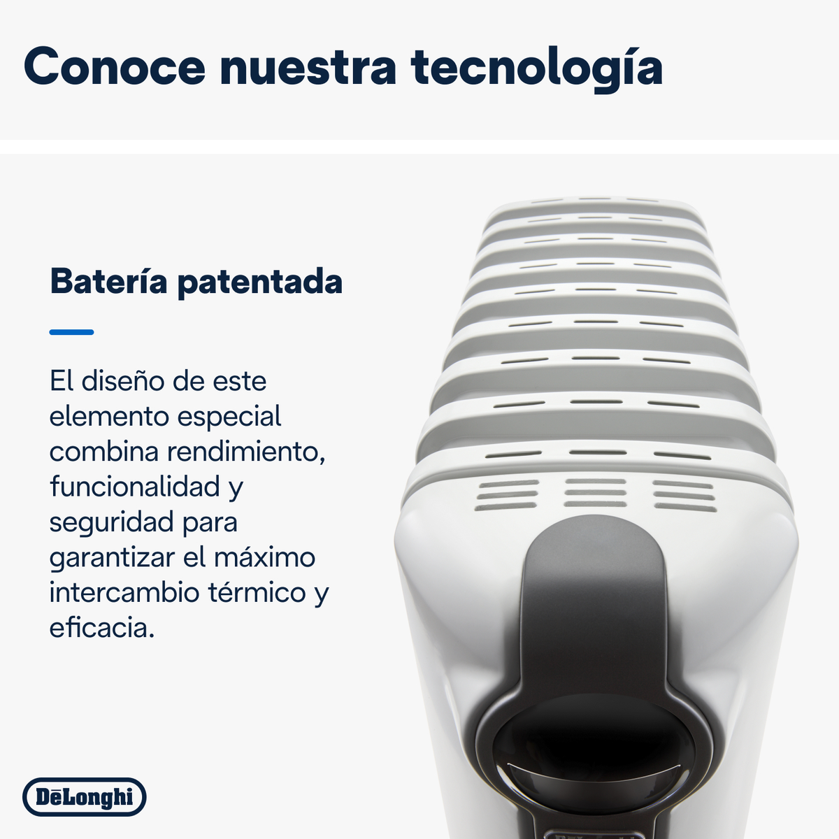 Un primo piano di un radiatore DeLonghi, che evidenzia il suo design brevettato della batteria.