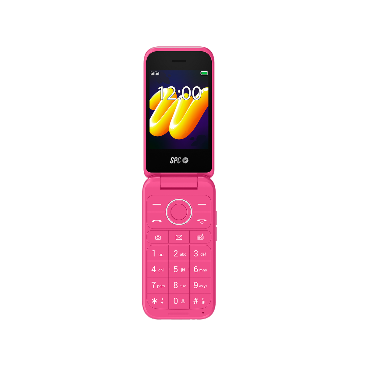 Różowy telefon klapkowy otwarty, pokazujący ekran z czasem i klawiaturą.