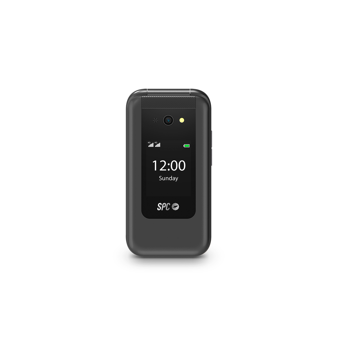 Zamknięty czarny telefon z klapką. Ekran pokazuje godzinę i datę. Widoczne logo SPC.