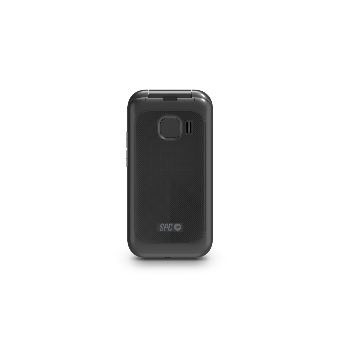 Czarny telefon z klapką zamknięty. Tylna strona z logo SPC. Prosty design.
